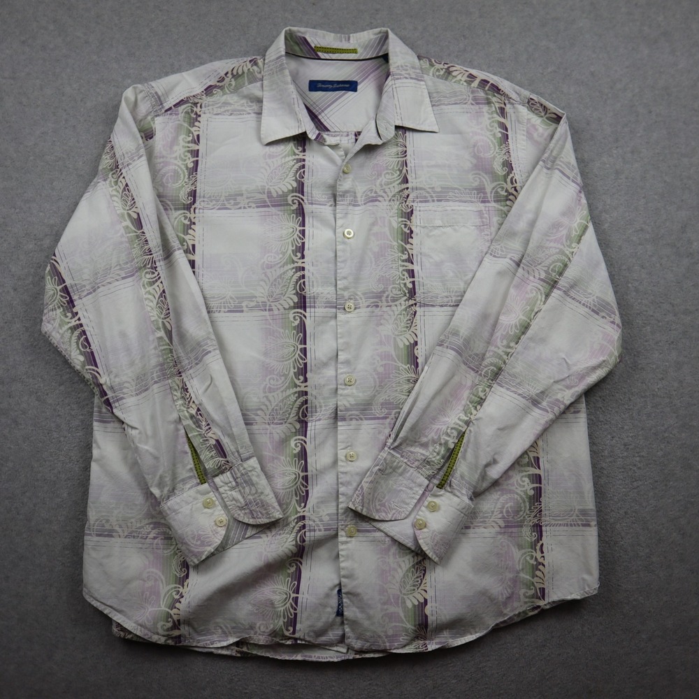 Tommy Bahama Shirt Mens XL Cotton Silk Long Sleeve Purple Green Paisley Striped